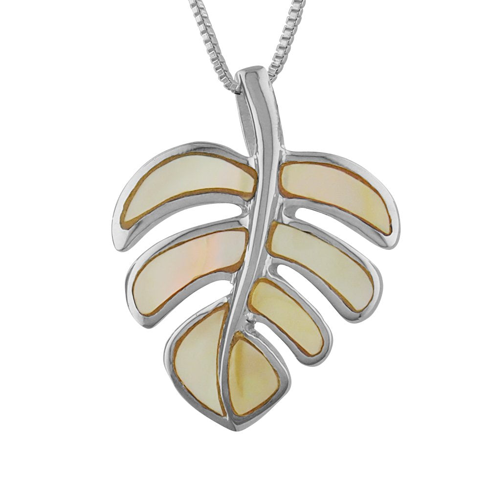 Sterling Silver Mother of Pearl Monstera Pendant Necklace, 16+2