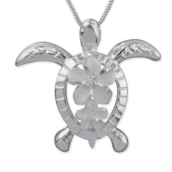 Sterling Silver Turtle Plumeria Pendant Necklace, 16+2