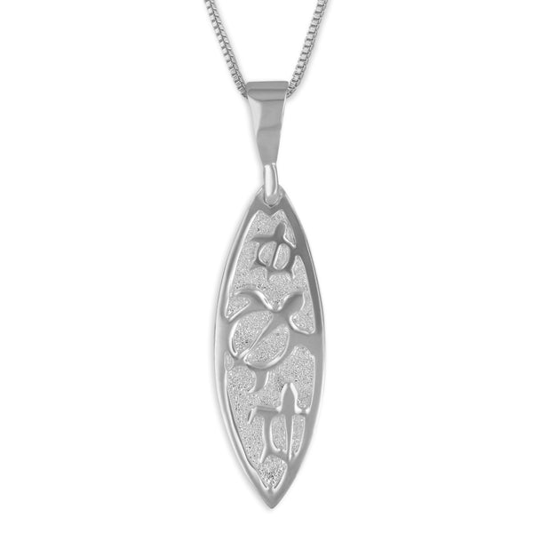Hawaiian Silver Jewelry Sterling Silver Turtle Embossed Surfboard Pendant Necklace, 18+2