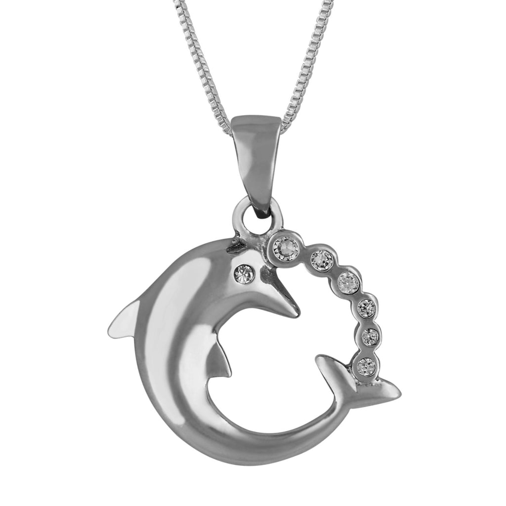 Sterling Silver Circle Dolphin Pendant Necklace, 16+2