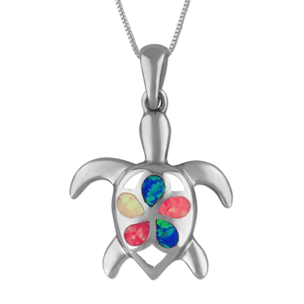 Sterling Silver Synthetic Opal Turtle Plumeria Pendant Necklace