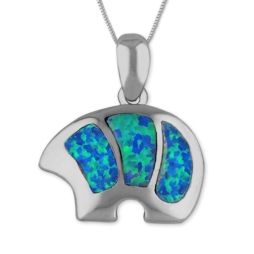 Sterling Silver Synthetic Blue Opal Bear Pendant Necklace, 16+2