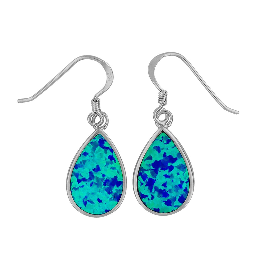 Sterling Silver Synthetic Blue Opal Teardrop Dangle Earrings