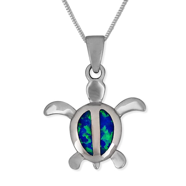 Sterling Silver Synthetic Blue Opal 15mm Turtle Pendant Necklace, 16+2