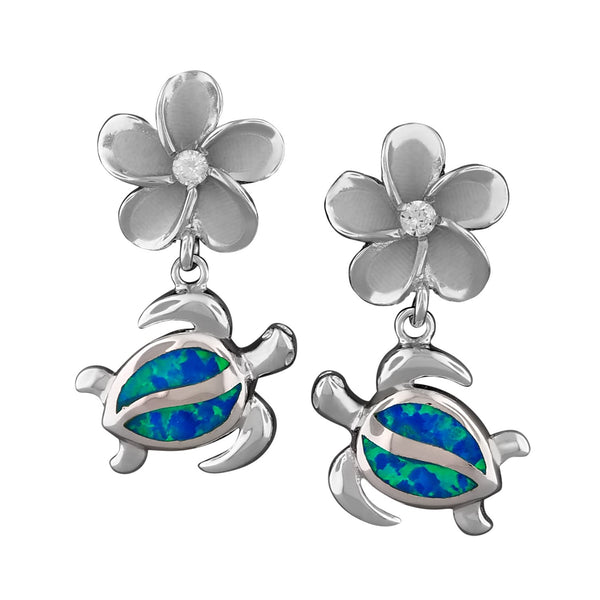 Sterling Silver Synthetic Blue Opal Plumeria Turtle Dangle Earrings