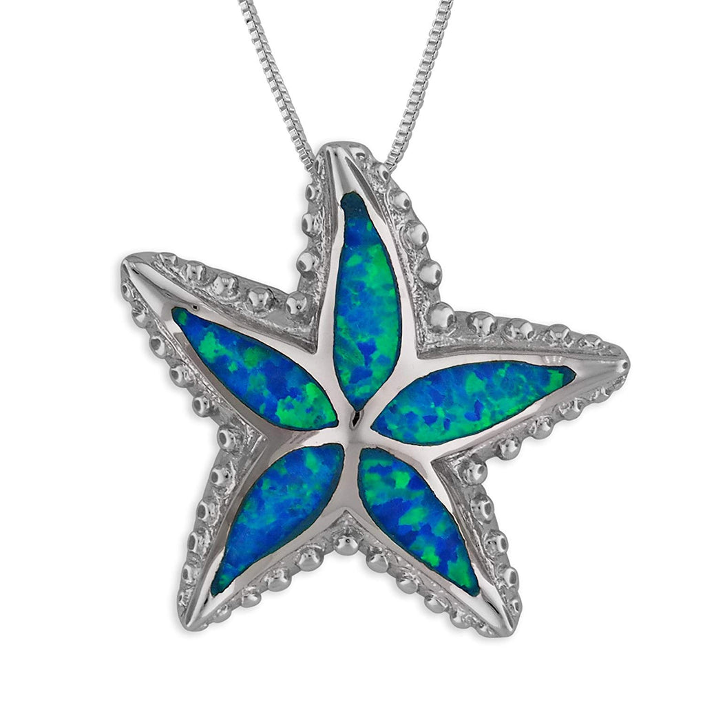 Sterling Silver Synthetic Blue Opal Starfish Pendant Necklace, 18+2