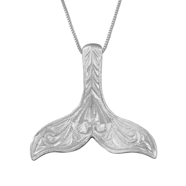 Sterling Silver Hand Engraved Whale Tail Pendant Necklace, 16+2