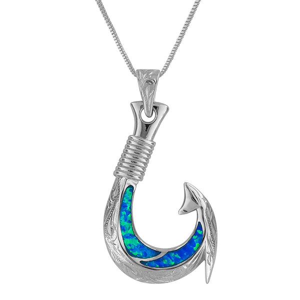 Sterling Silver Synthetic Blue Opal Fish Hook Pendant Necklace, 16+2