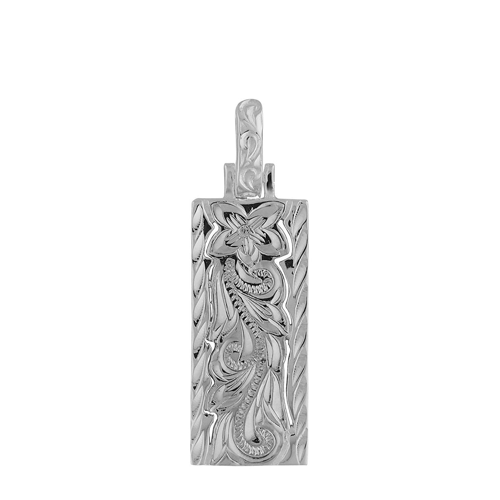 Sterling Silver Plumeria and Scroll Vertical Bar Pendant