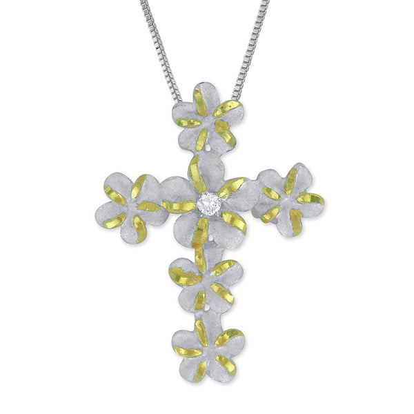 Sterling Silver with 14kt Yellow Gold Plated Accents Plumeria Cross Pendant Necklace, 16+2