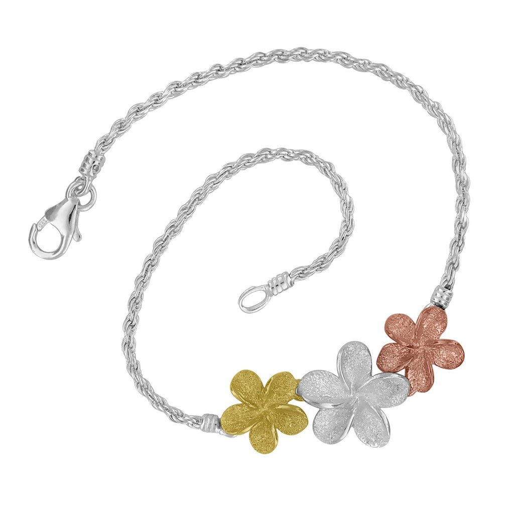Sterling Silver with 14kt Yellow and Rose Gold Plated Three Plumeria Rope Bracelet