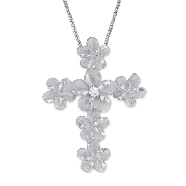 Sterling Silver Plumeria Cross Pendant Necklace, 16+2