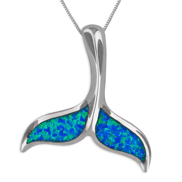Sterling Silver Synthetic Blue Opal 1 1/8 Inch Whale Tail Pendant Necklace, 16+2