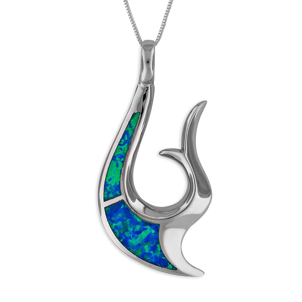 Sterling Silver Synthetic Blue Opal Reversible Fish Hook Pendant