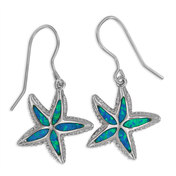 Sterling Silver Synthetic Blue Opal Starfish Dangle Earrings