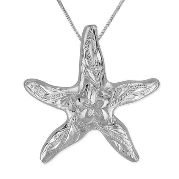 Sterling Silver 1 Inch Engraved Starfish Pendant Necklace, 16+2