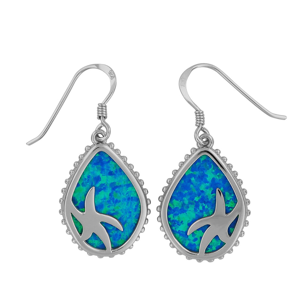 Sterling Silver Synthetic Blue Opal Teardrop Starfish Dangle Earrings ...