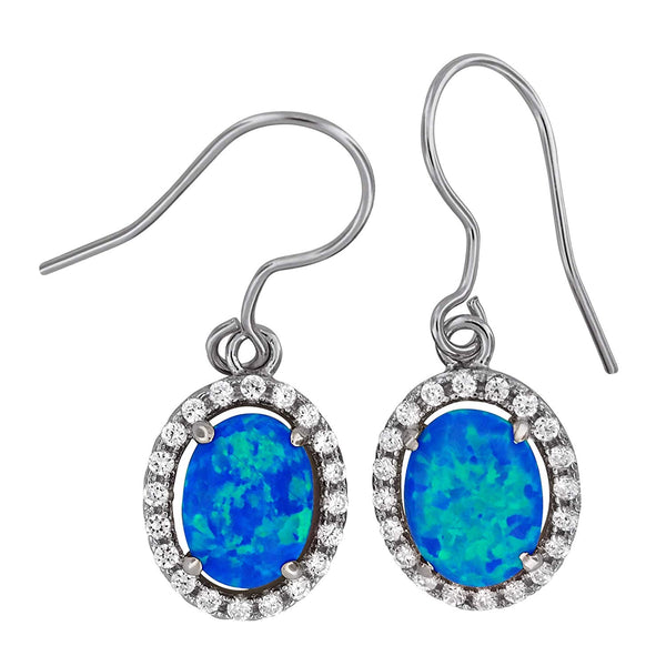 Sterling Silver Synthetic Blue Opal Oval Dangle Earrings