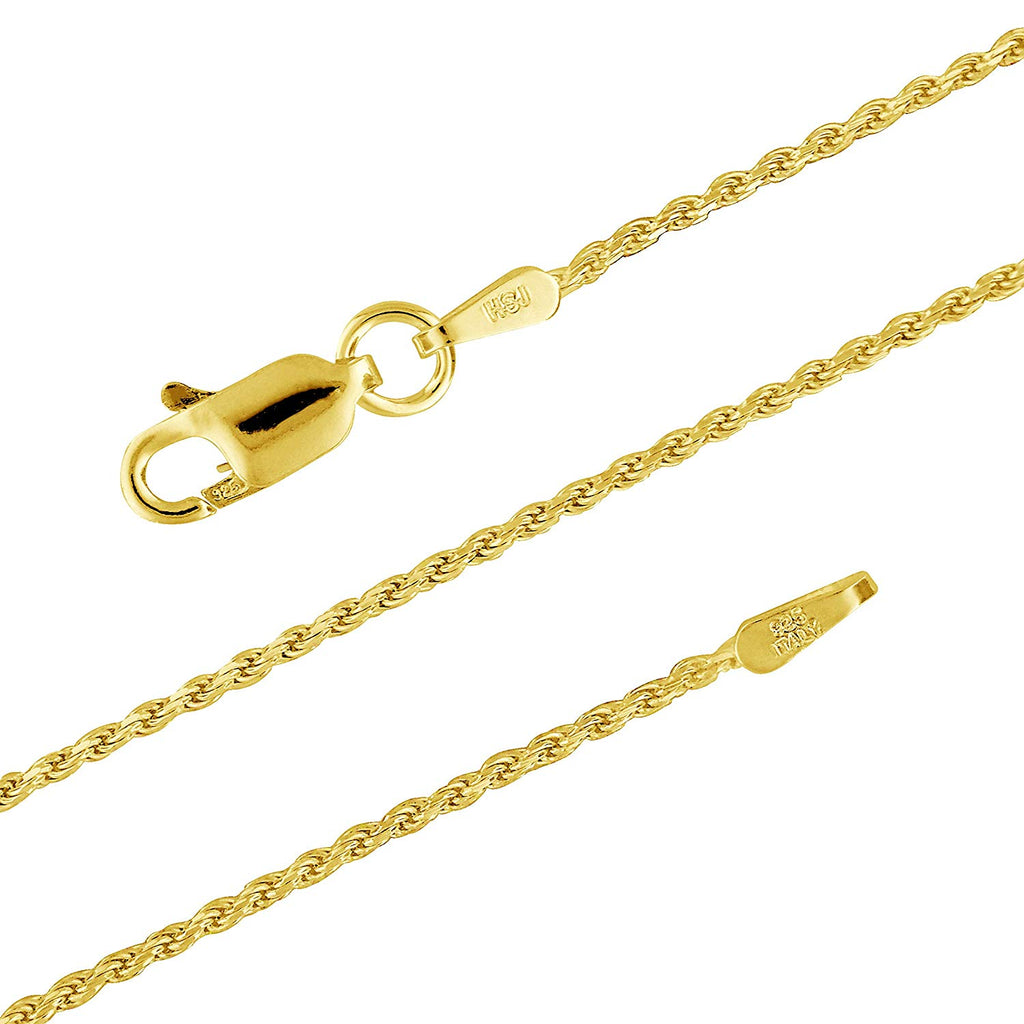 14kt Yellow Gold Plated Sterling Silver 1.1mm Diamond-Cut Rope Chain Necklace Nickel-Free,14-36Inch
