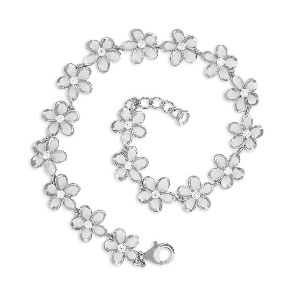 Sterling Silver Plumeria Link Bracelet, 7.5+0.5
