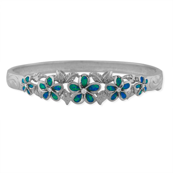 Sterling Silver Synthetic Blue Opal Five Plumeria Maile Bangle 7.5 Inch