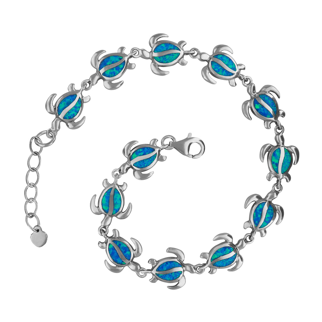 Sterling Silver Synthetic Blue Opal Turtle Bracelet, 7.25+0.75