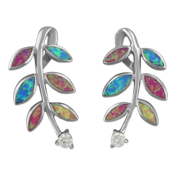 Sterling Silver Synthetic Multi Color Opal Leaf Earrings