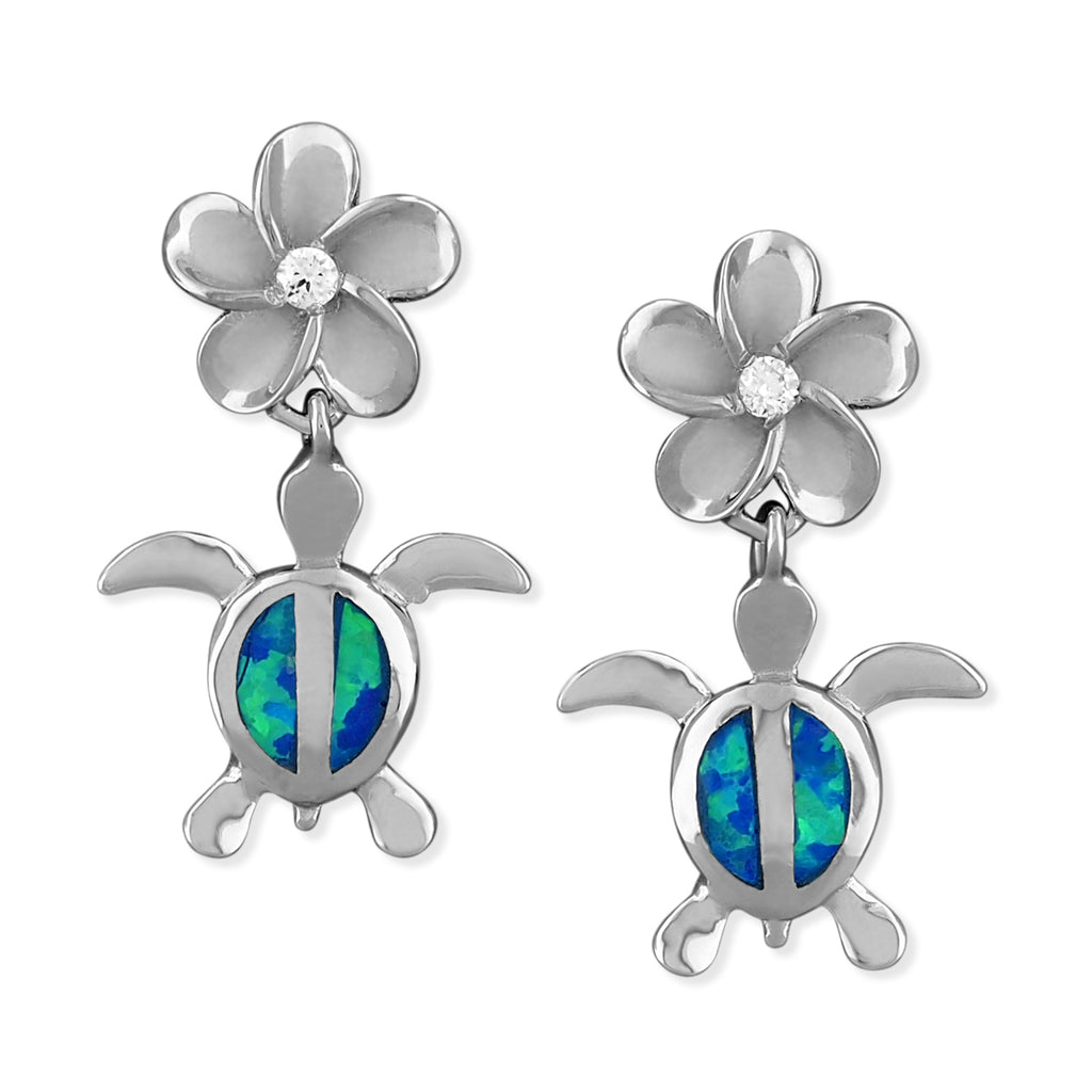 Sterling Silver Synthetic Blue Opal Turtle Plumeria Dangle Earrings