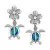 Sterling Silver Synthetic Blue Opal Turtle Plumeria Dangle Earrings