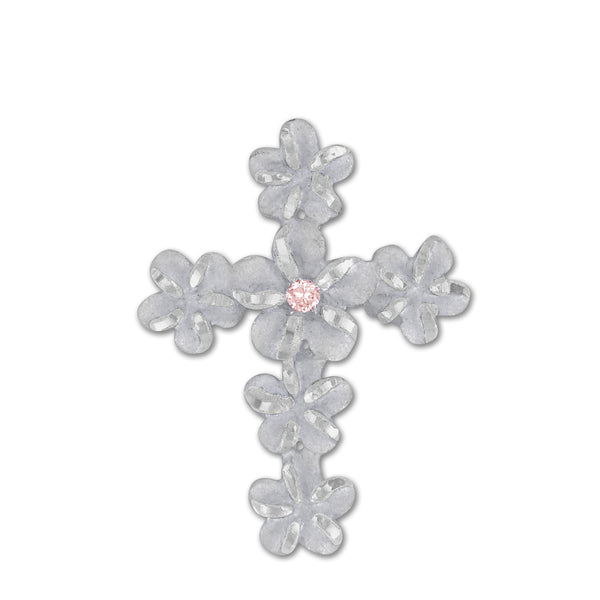 Sterling Silver Pink Plumeria Cross Pendant
