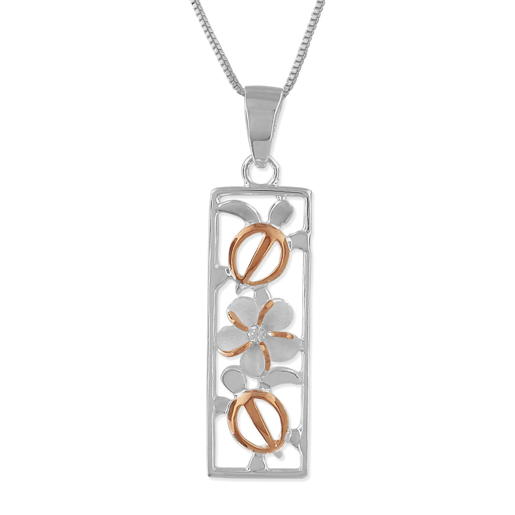 Sterling Silver Turtle and Plumeria Vertical Bar Pendant Necklace, 16+2