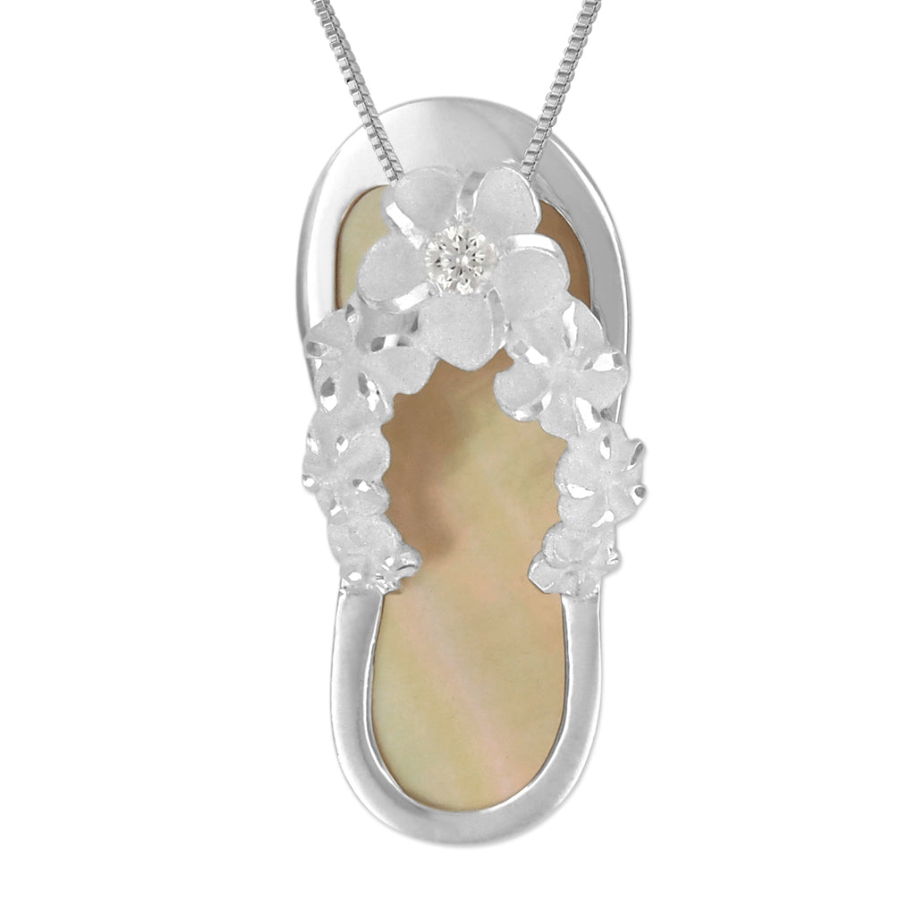 Sterling Silver Abalone Shell Slipper Flip Flop Pendant Necklace, 16+2