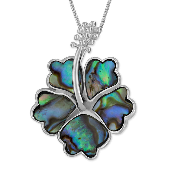 Sterling Silver Abalone Shell Hibiscus 19mm Pendant Necklace, 16+2