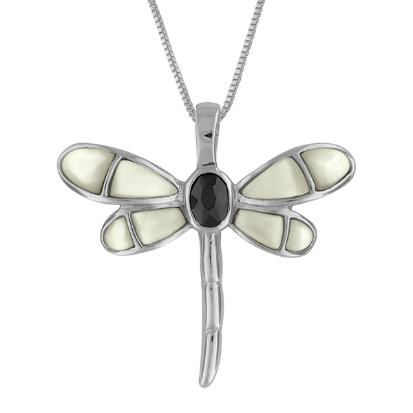 Sterling Silver Black Synthetic CZ Mother of Pearl Dragonfly Pendant Necklace, 16+2