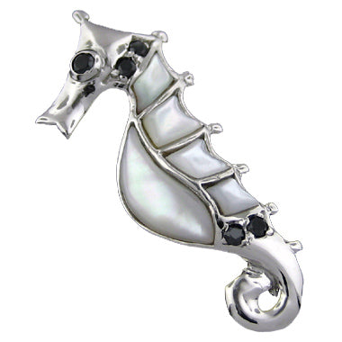 Sterling Silver Black Synthetic CZ Mother of Pearl Seahorse Pendant