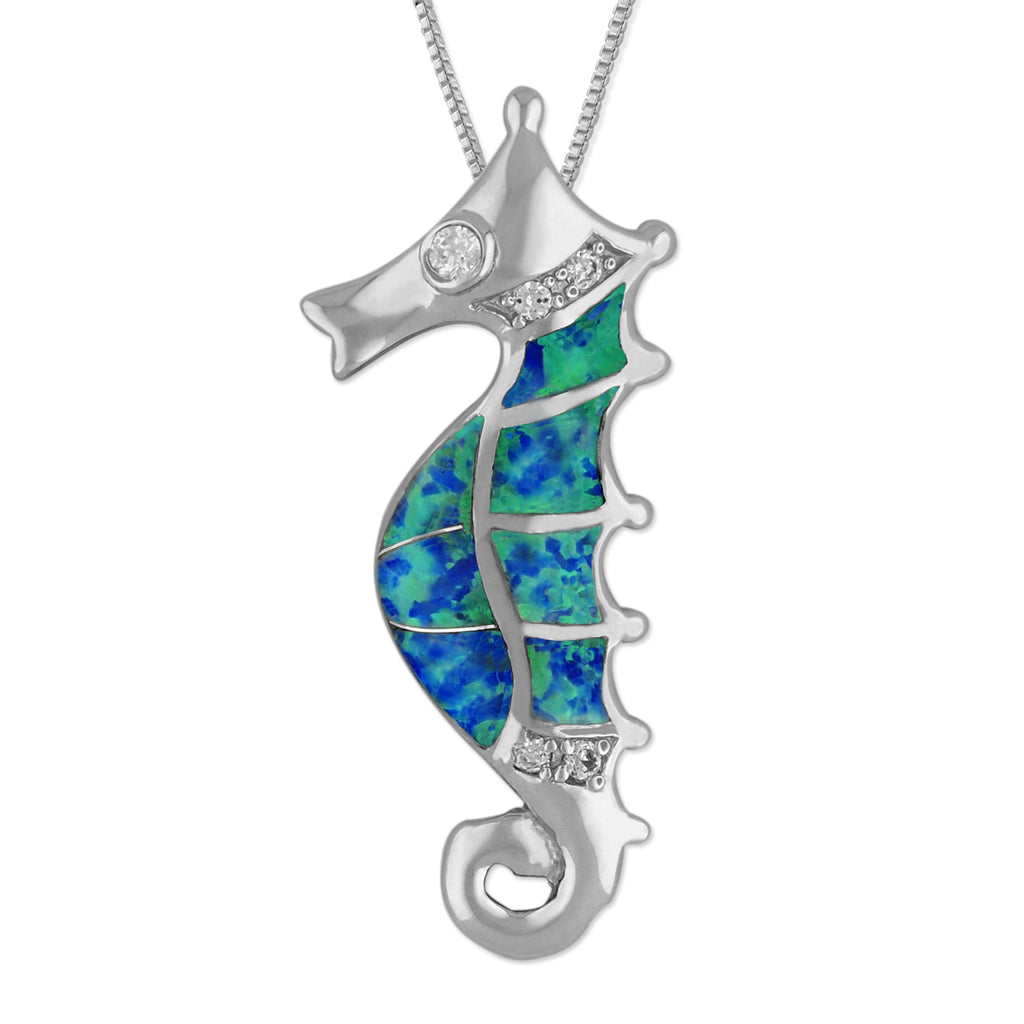 Sterling Silver Synthetic Blue Opal Seahorse Pendant Necklace, 16+2