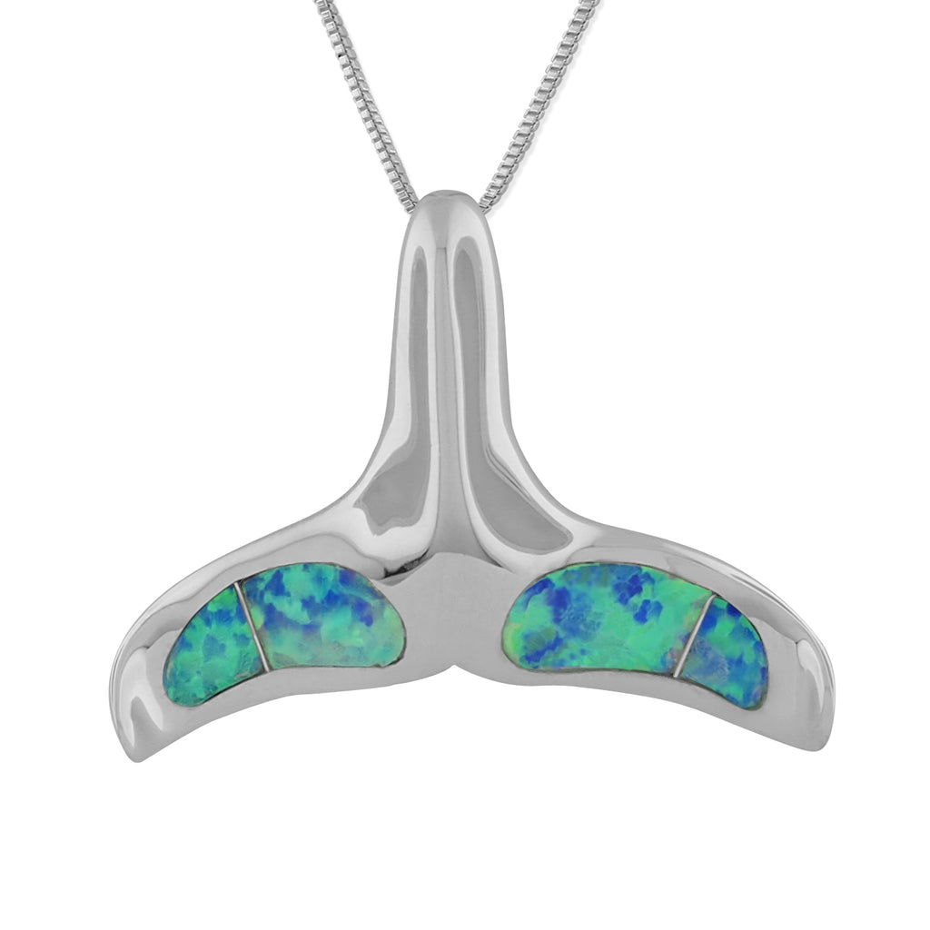 Sterling Silver Synthetic Blue Opal Whale Tail Pendant Necklace, 16+2