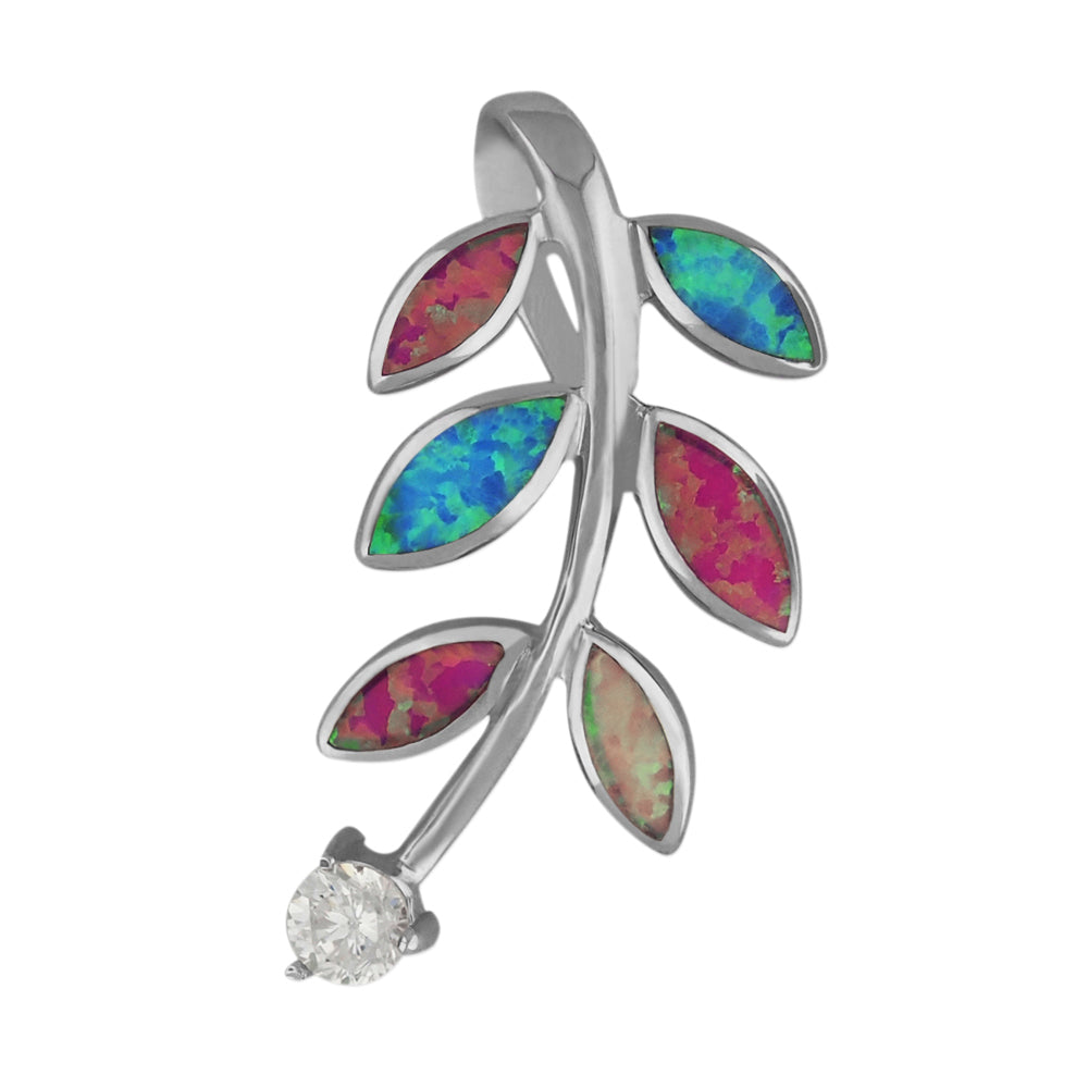 Sterling Silver Synthetic Multi Colored Opal Leaf Pendant