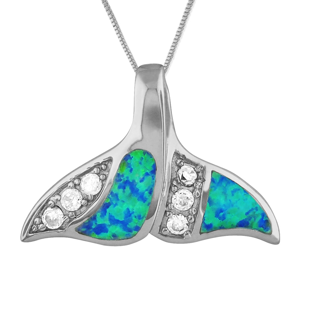 Sterling Silver Synthetic Blue Opal Whale Tail Pendant Necklace, 16+2