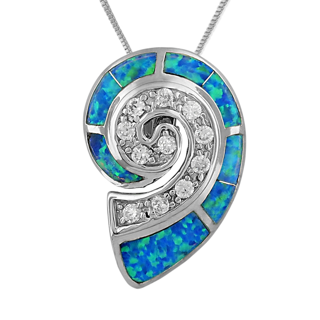 Sterling Silver Synthetic Blue Opal Nautilus Shell Pendant Necklace, 16+2
