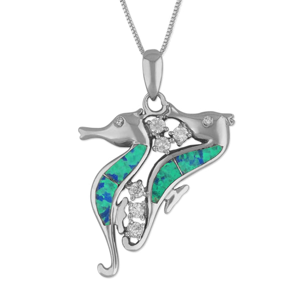 Sterling Silver Synthetic Blue Opal Seahorse Pendant Necklace, 16+2