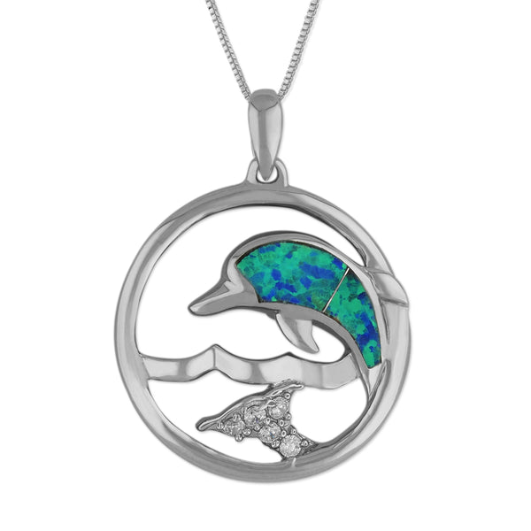 Sterling Silver Synthetic Blue Opal Dolphin Circle Pendant Necklace, 16+2