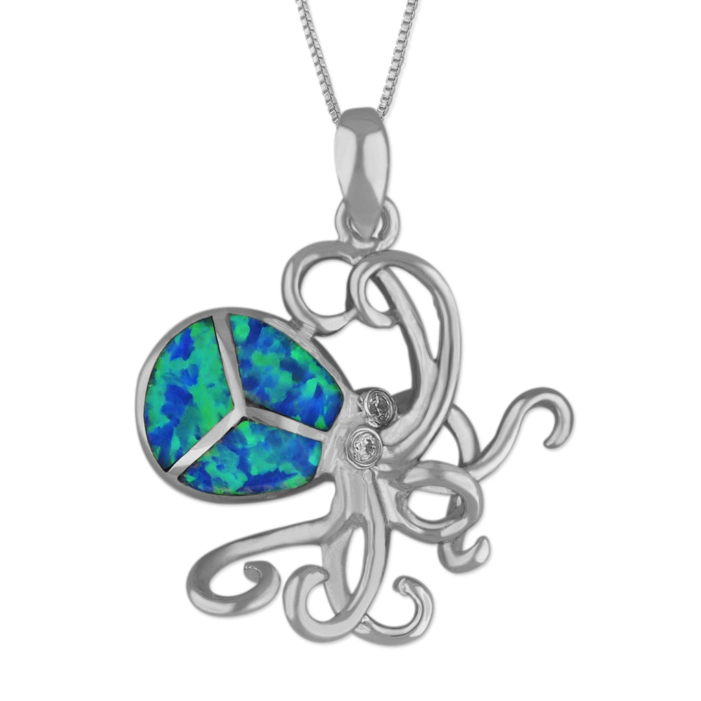 Sterling Silver Synthetic Blue Opal Octopus Pendant Necklace, 16+2