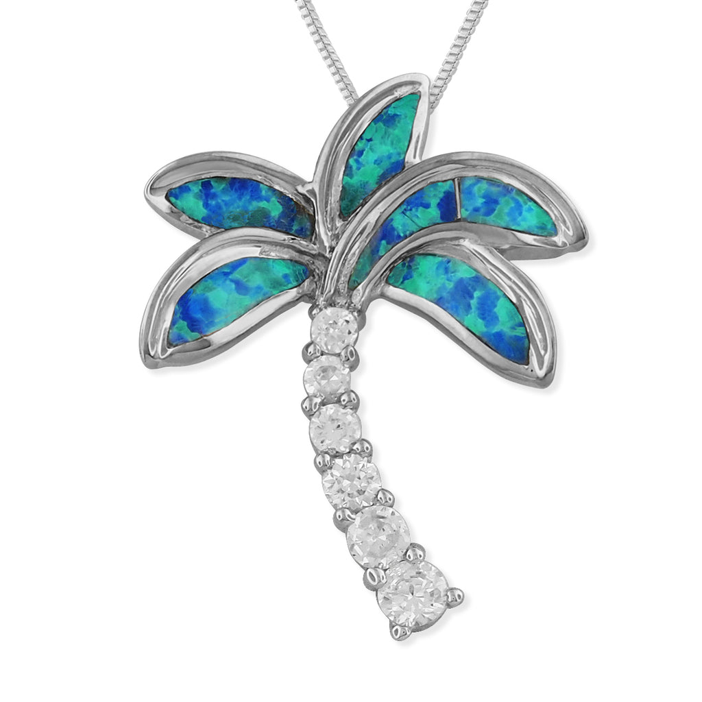Sterling Silver Synthetic Blue Opal Palm Tree Pendant Necklace, 16+2