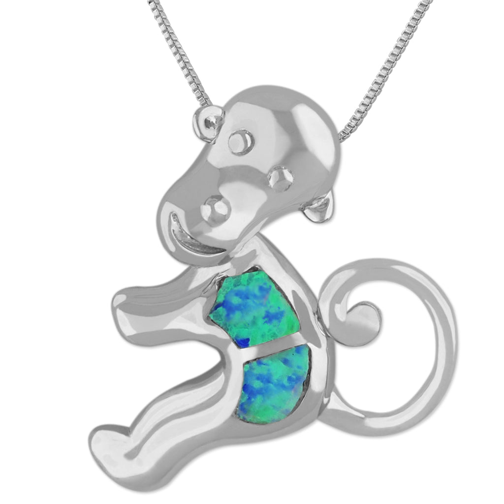 Sterling Silver Synthetic Blue Opal Monkey Pendant Necklace, 16+2