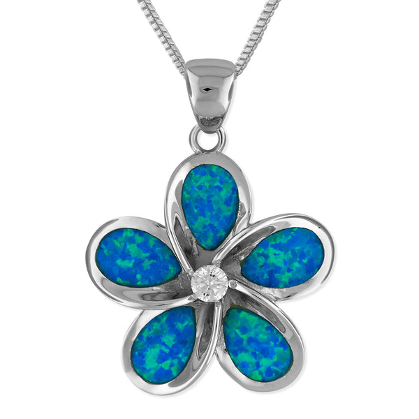 Sterling Silver Synthetic Blue Opal 24mm Plumeria Pendant Necklace, 16+2