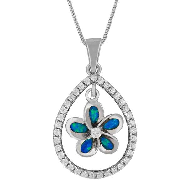 Sterling Silver Synthetic Blue Opal Teardrop Plumeria Pendant Necklace, 16+2