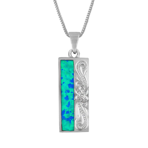 Sterling Silver Synthetic Blue Opal Carved Long Bar Pendant Necklace, 16+2