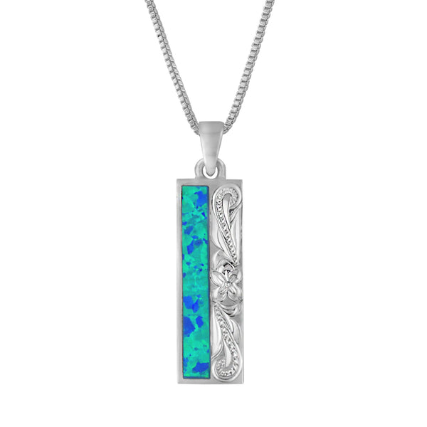Sterling Silver Synthetic Blue Opal Carved Long Bar Pendant Necklace, 16+2