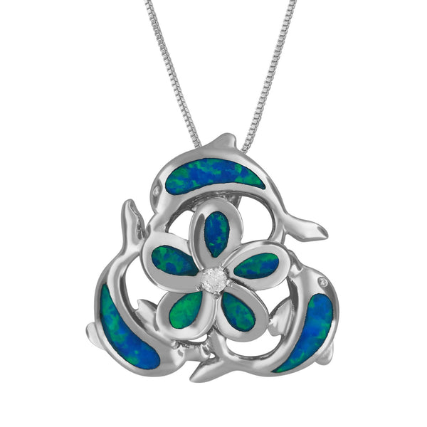 Sterling Silver Synthetic Blue Opal Dolphin Plumeria Pendant Necklace, 16+2